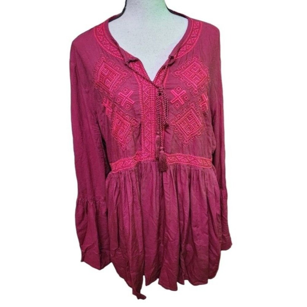 Karen Kane Embroidered Peasant Blouse Deep Berry Size XL Boho Ethnic